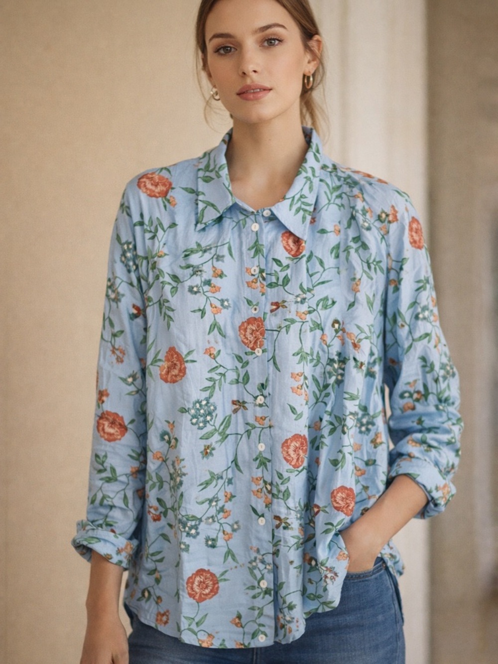 entro Light Blue Floral Button-Down Shirt with Green Vine and Rust Flowers NWOT
